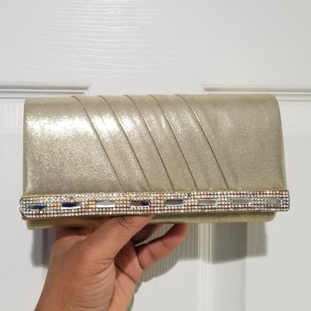 Gold & Rhinestone Fabric Pleated Fold Over Magnet Closure Clutch Removable Strap